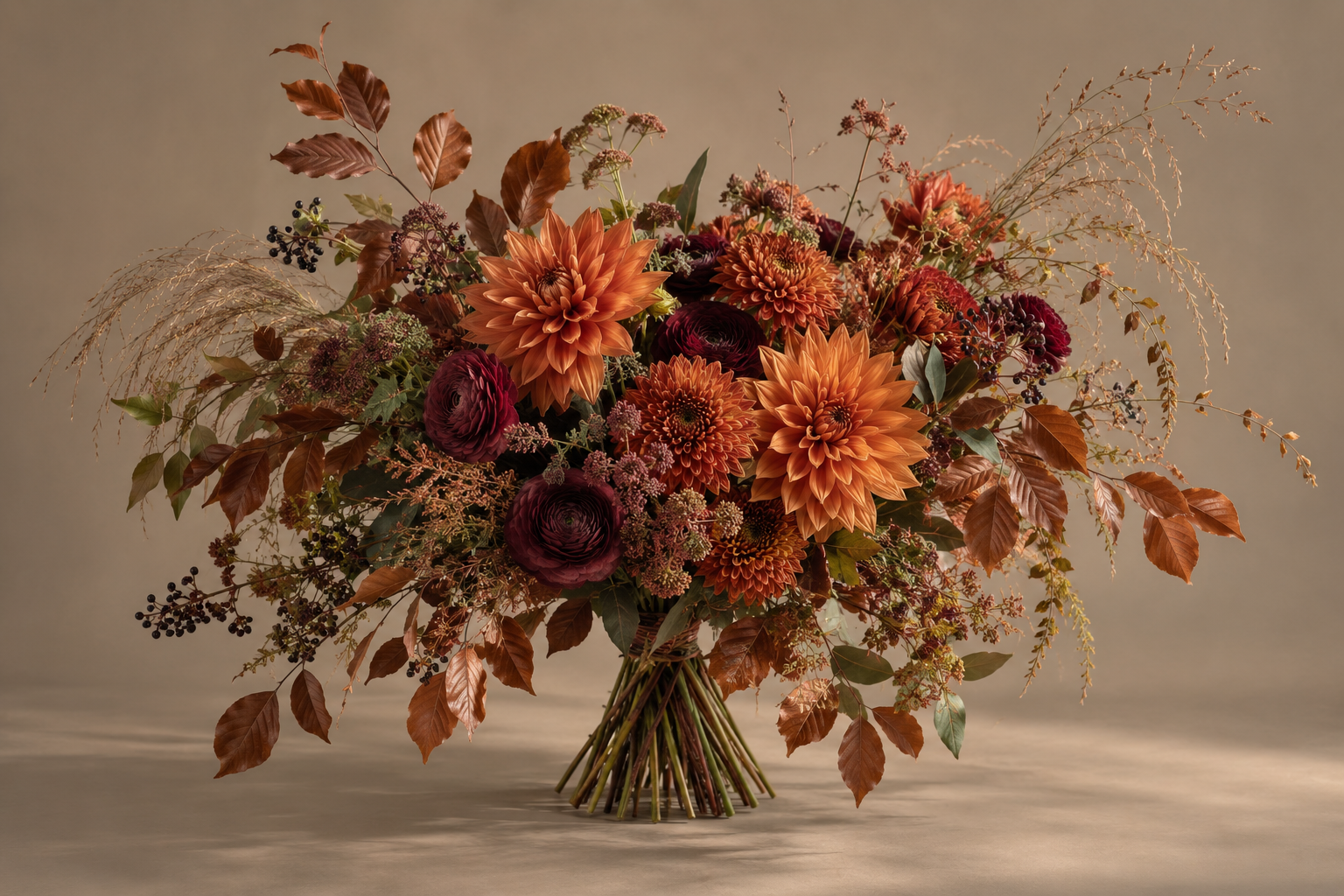 Autumn Muse bouquet with orange dahlias, burgundy ranunculus and copper foliage