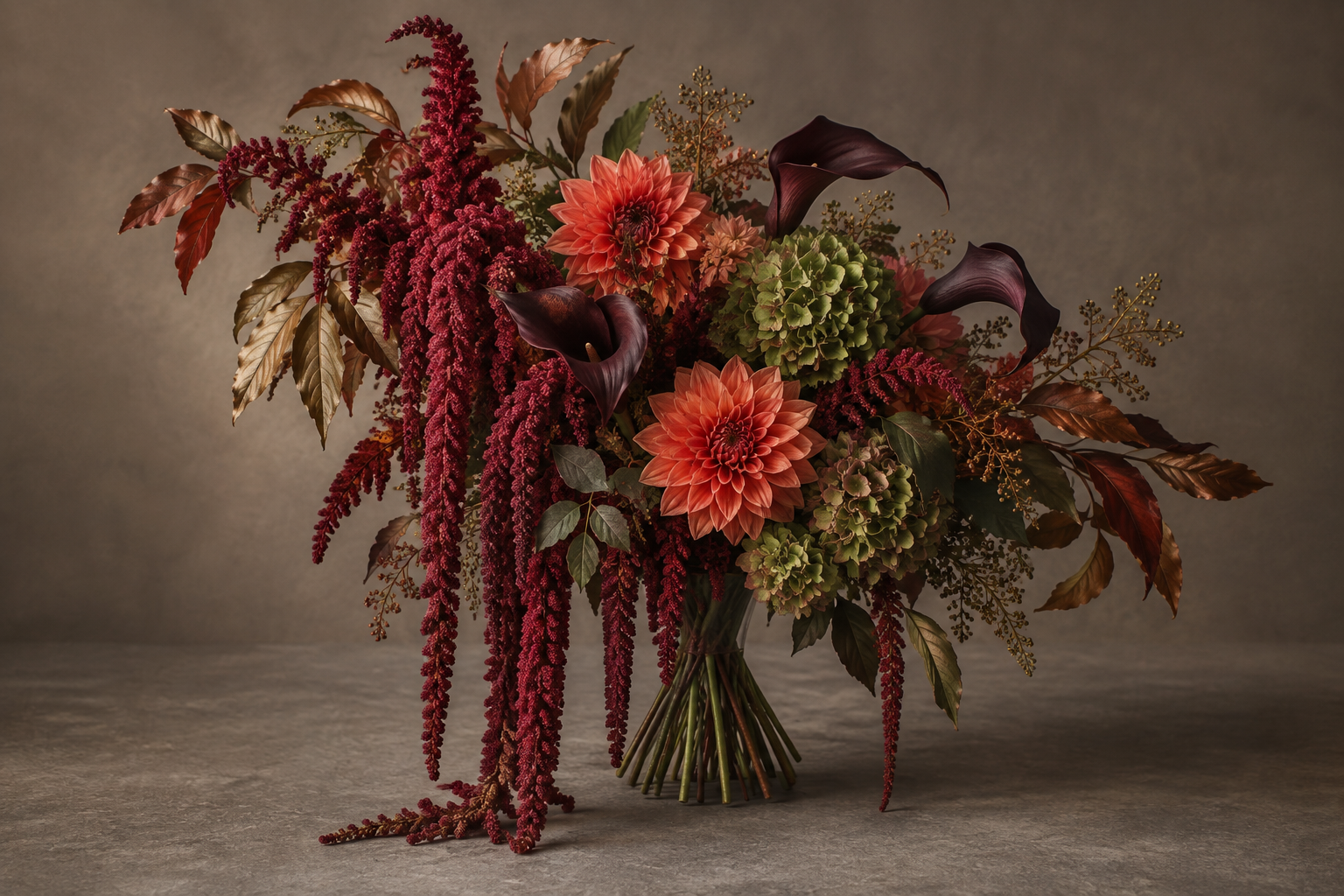 Ember Garden bouquet with coral dahlias, plum calla lilies and green hydrangea