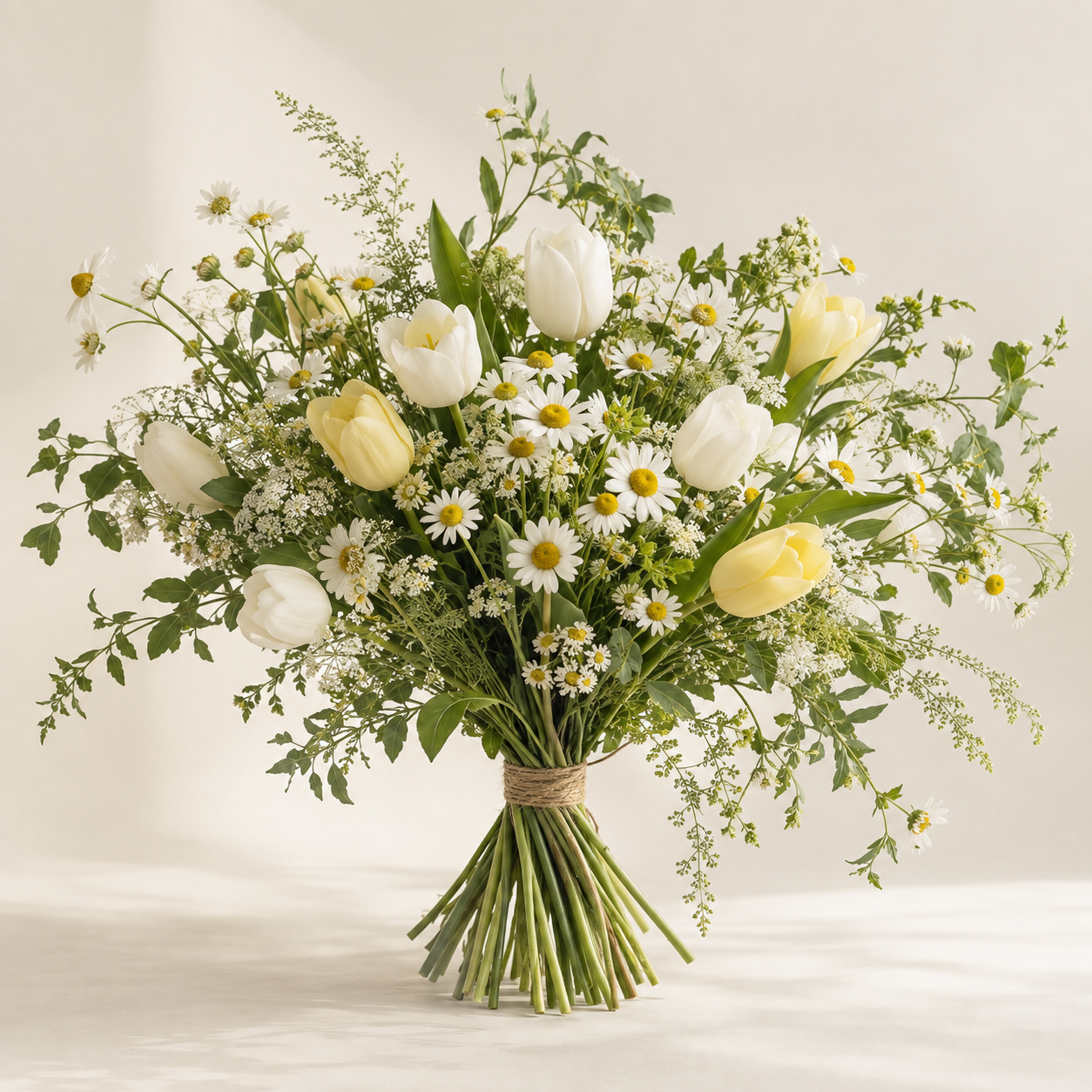 Garden Letter with white daisies, pale yellow tulips and greenery