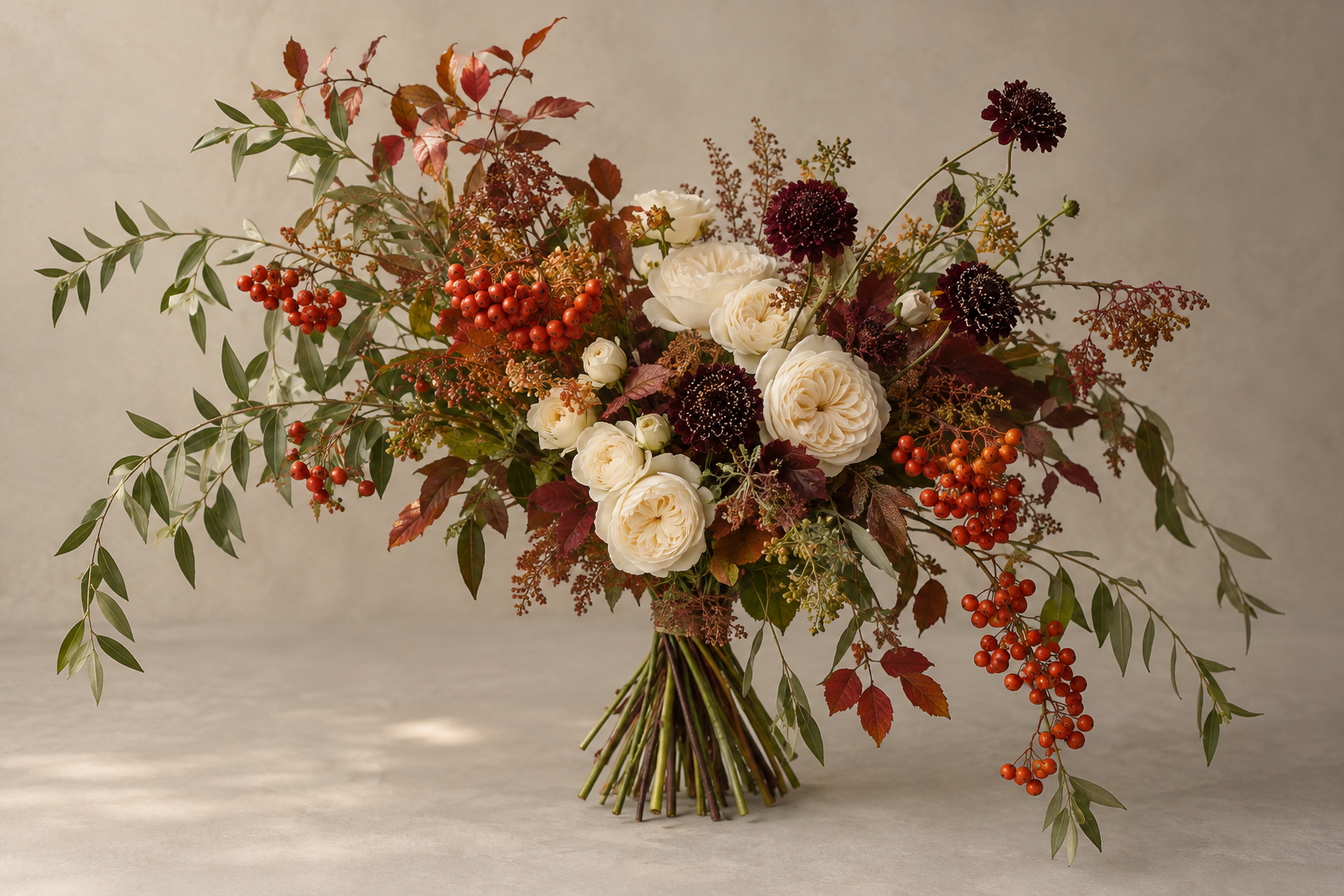 Airy Rowan Letter bouquet with rowan berries, ivory roses and russet foliage