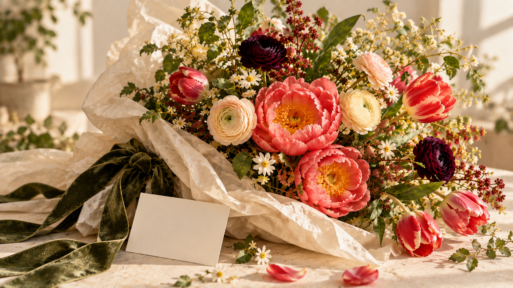 A bouquet wrapped in ivory paper and olive velvet ribbon